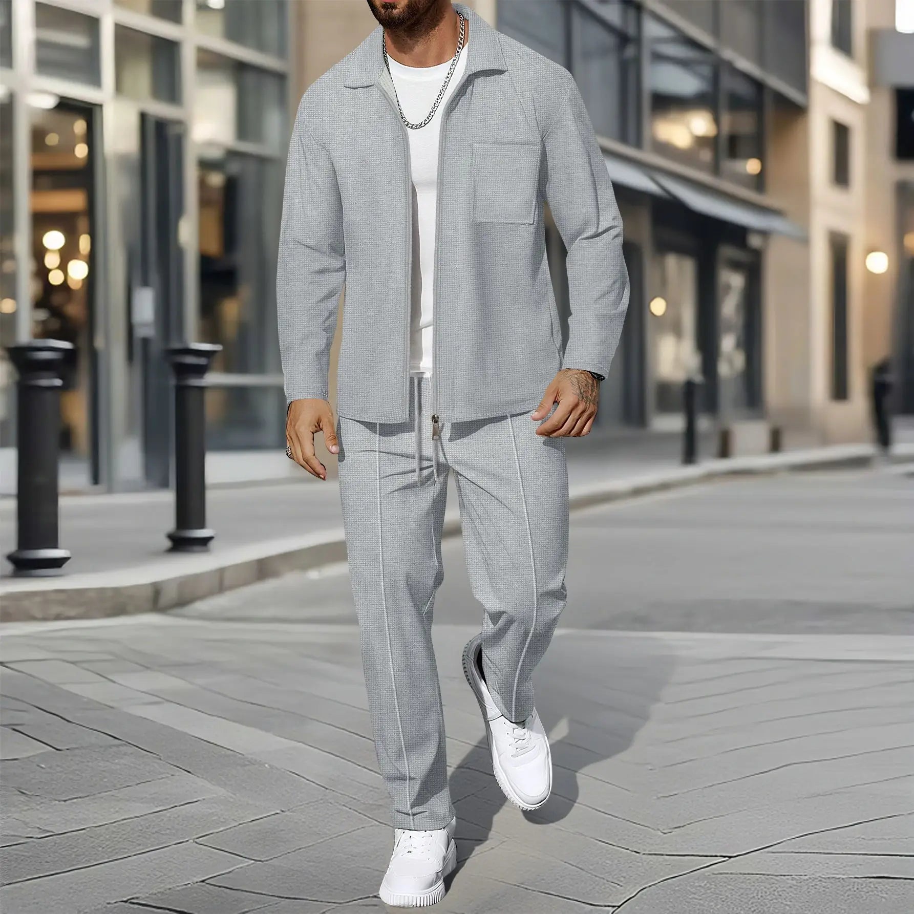 Herren Business Casual Zweiteiliges Set Frühling Herbst Waffel Reißverschluss Hemd Mantel und Hose Trendiges modisches Outfit